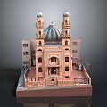 Islamic Architectural Model With Blue Dome Two Minarets Arched Doors And Brown Facade