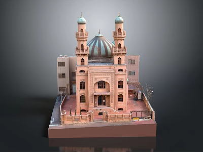 Islamic Architectural Model With Blue Dome Two Minarets Arched Doors And Brown Facade 3d model