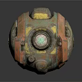 Vintage Weathered Mechanical Device with Orange Green Yellow Accents Circular Lens and Metallic Bolts