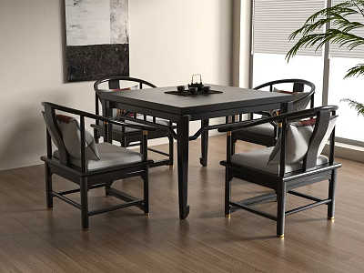 Black Chinese Style Tea Table And Chairs With Gray Cushions On Wooden Floor 3d model