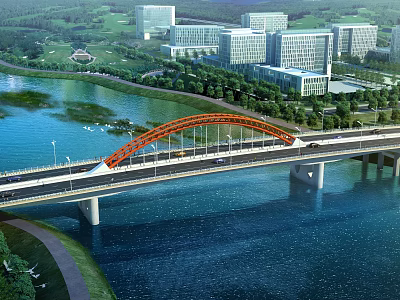 Orange Arch Bridge Spanning River With Modern Buildings Green Spaces And Road Traffic 3d model