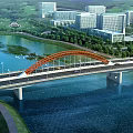 Orange Arch Bridge Spanning River With Modern Buildings Green Spaces And Road Traffic