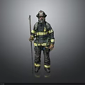 Man in Firefighter Uniform With Helmet Holding Rescue Tool in Standing Pose