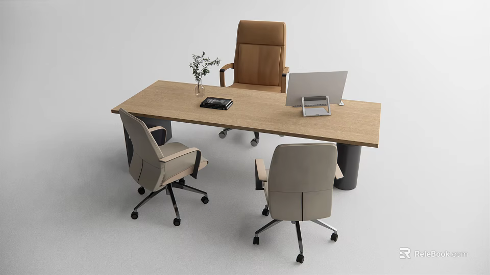 Wooden Office Desk With Computer Monitor Office Chairs And Potted Plant 3d model 