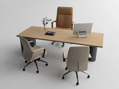 Wooden Office Desk With Computer Monitor Office Chairs And Potted Plant 3d model
