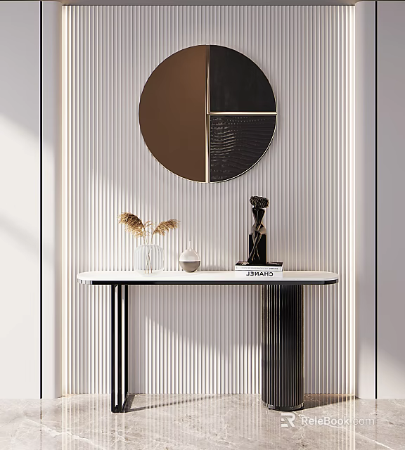Modern Entryway Console Table With Round Mirror And Decorative Sculptures On Top 3d model
