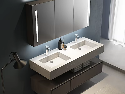 Modern Bathroom Vanity With Double Sink Marble Countertop Mirror Cabinet And Drawers 3d model