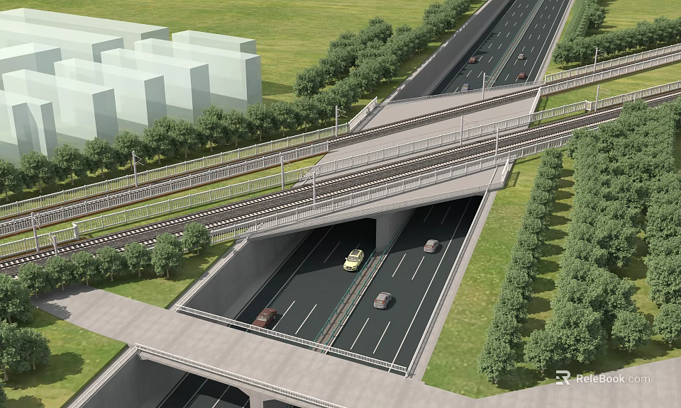Multi Level Bridge with Roads and Vehicles Surrounded by Greenery Near Modern Buildings 3d model 