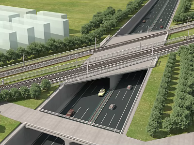 Multi Level Bridge with Roads and Vehicles Surrounded by Greenery Near Modern Buildings 3d model
