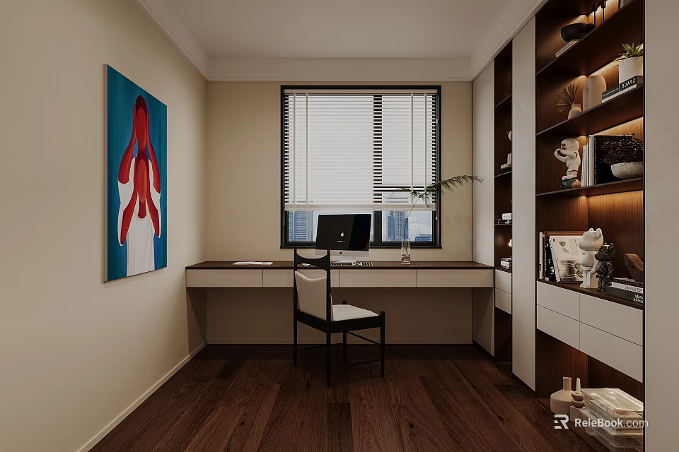 Modern Study Room Interior With Wooden Desk Chair Window Painting And Bookshelves 3d model 