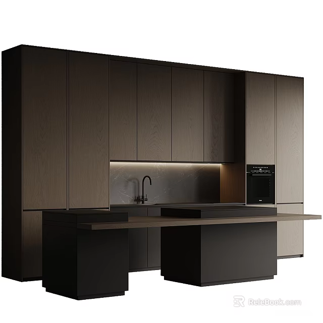 Modern Kitchen Cabinets With Dark Wood Island Counter Oven And Lighting 3d model 