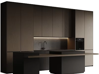 Modern Kitchen Cabinets With Dark Wood Island Counter Oven And Lighting 3d model