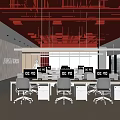 Modern Public Office Space Interior With Desks Chairs And Red Ceiling Structure 3d model