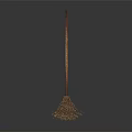Traditional Broom With Wooden Handle And Natural Bristles Showing Reflection On Black Background