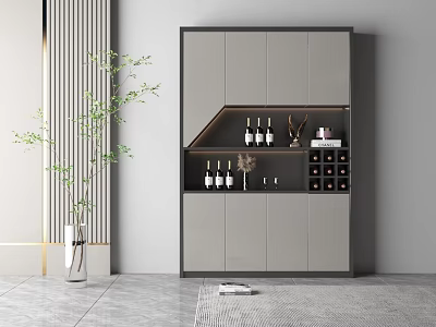Modern Wine Cabinet Interior Design With Wine Bottles Wine Glasses And Green Plant Decor 3d model