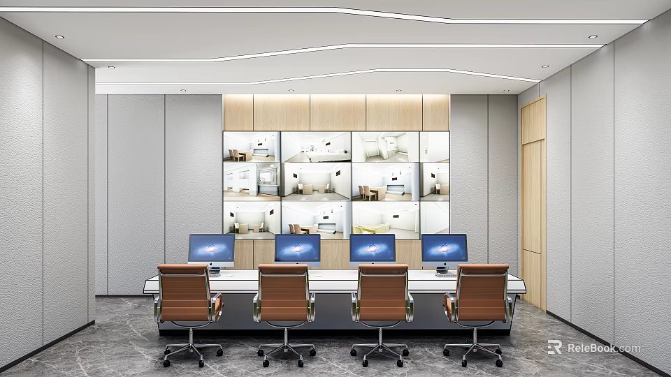Modern Control Room Interior Design with Multiple Monitors Console Desk Chairs and Wooden Wall 3d model 