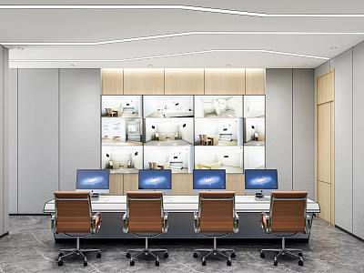 Modern Control Room Interior Design with Multiple Monitors Console Desk Chairs and Wooden Wall 3d model
