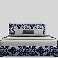 Blue and White Patterned Double Bed with Decorative Headboard Footboard and Pillows 3d model