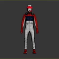 Full Body Racing Character In Red White Blue Suit With Helmet Standing Against Gray Background
