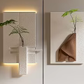 White Geometric Wall Decor With Green Plants Lighting And Brown Cloth