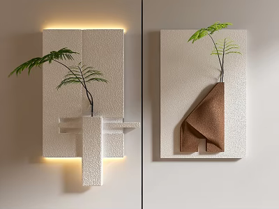 White Geometric Wall Decor With Green Plants Lighting And Brown Cloth 3d model