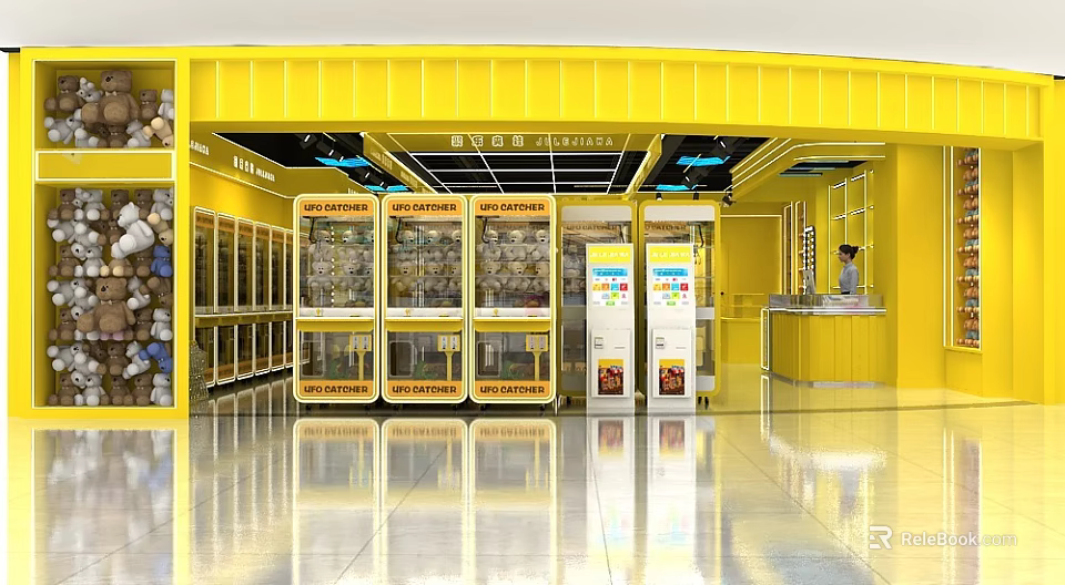 Indoor Playground Snack Area With Yellow Interior Glass Display Cabinets And Counter 3d model 
