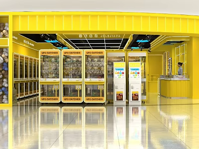 Indoor Playground Snack Area With Yellow Interior Glass Display Cabinets And Counter 3d model