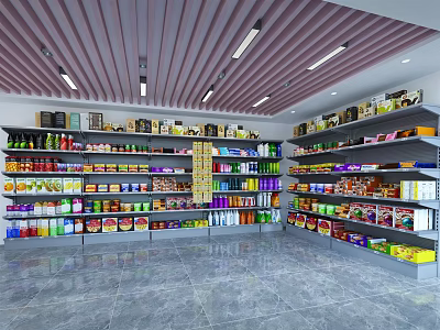Supermarket Grocery Store with Well Organized Shelves Stocked with Various Food and Daily Products 3d model
