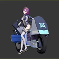 Futuristic Blue And White Motorcycle With Pink Haired Character Holding Helmet