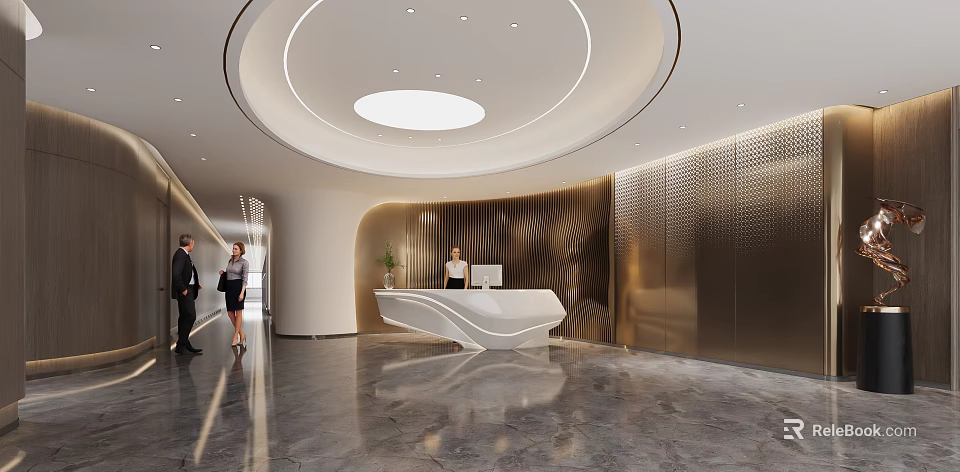 Elegant Modern Reception Area With Curved Desk Wavy Wall Circular Light And Marble Floor 3d model 