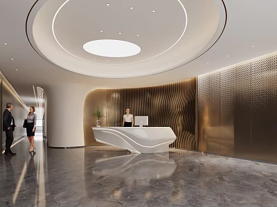 Elegant Modern Reception Area With Curved Desk Wavy Wall Circular Light And Marble Floor 3d model