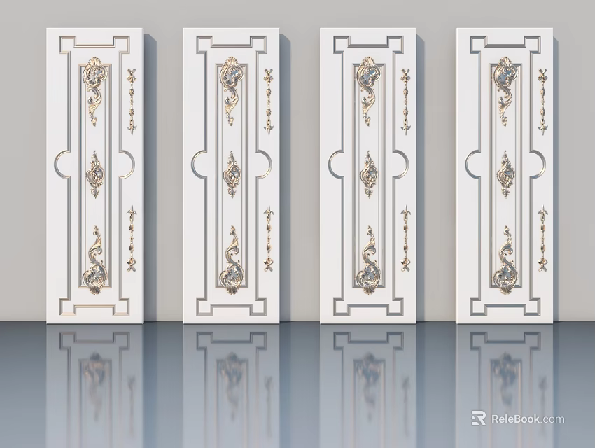 Elegant White Hinged Doors with Gold Decorative Carvings and Ornate Patterns 3d model 