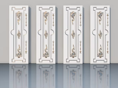 Elegant White Hinged Doors with Gold Decorative Carvings and Ornate Patterns 3d model