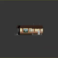 Cartoon Storefront Scene With Gray Roof Brown Awning Red Brick Walls Checkerboard Floor And Windows