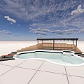Outdoor Swimming Pool With Wooden Patio Steps And Cloudy Sky View