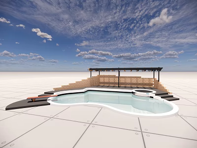 Outdoor Swimming Pool With Wooden Patio Steps And Cloudy Sky View 3d model