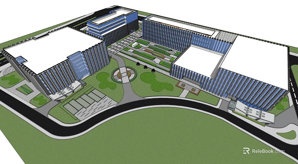 Modern Commercial Complex with Multiple Buildings Central Green Space and Open Plaza 3d model 