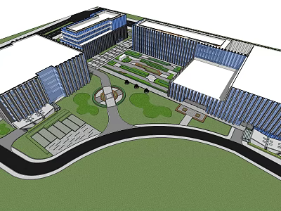 Modern Commercial Complex with Multiple Buildings Central Green Space and Open Plaza 3d model