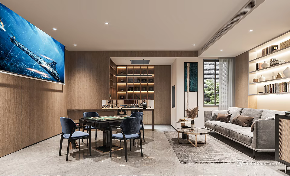 Modern Basement Living Space With Sofa Mahjong Table And Shelves 3d model