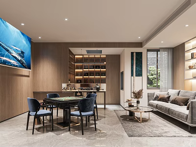 Modern Basement Living Space With Sofa Mahjong Table And Shelves 3d model