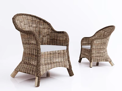 Outdoor Rattan Leisure Chairs With Armrests White Cushions And Wooden Legs 3d model