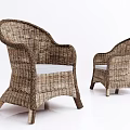 Outdoor Rattan Leisure Chairs With Armrests White Cushions And Wooden Legs