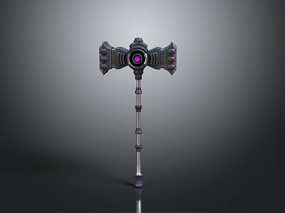 Fantasy War Hammer With Purple Glowing Gem And Black Segmented Shaft Design For Game 3d model