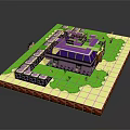 Cartoon Pixel Art Scene Featuring Purple Roof Building Green Grass Pathways And Small Characters