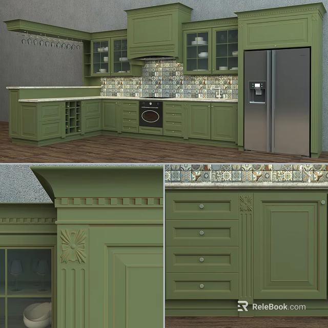Green Kitchen Cabinets With Decorative Molding Tile Backsplash And Stainless Steel Appliances 3d model 