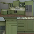 Green Kitchen Cabinets With Decorative Molding Tile Backsplash And Stainless Steel Appliances