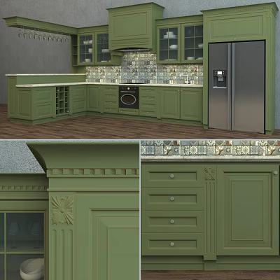 Green Kitchen Cabinets With Decorative Molding Tile Backsplash And Stainless Steel Appliances 3d model