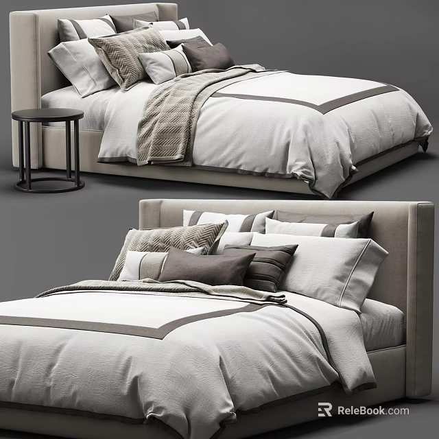 Modern Minimalist Double Bed With Neutral Tones Pillows Blanket And Bedside Table 3d model