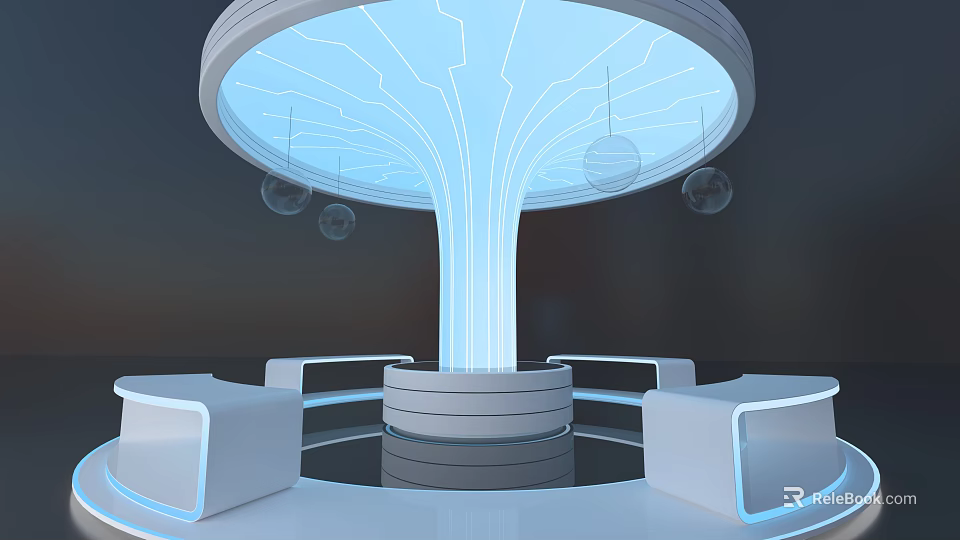 Illuminated Modern Column With Tree Like Structure Circular Base And White Seats 3d model 