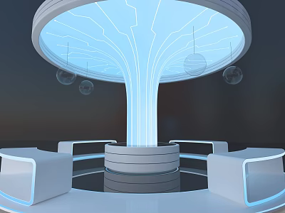 Illuminated Modern Column With Tree Like Structure Circular Base And White Seats 3d model